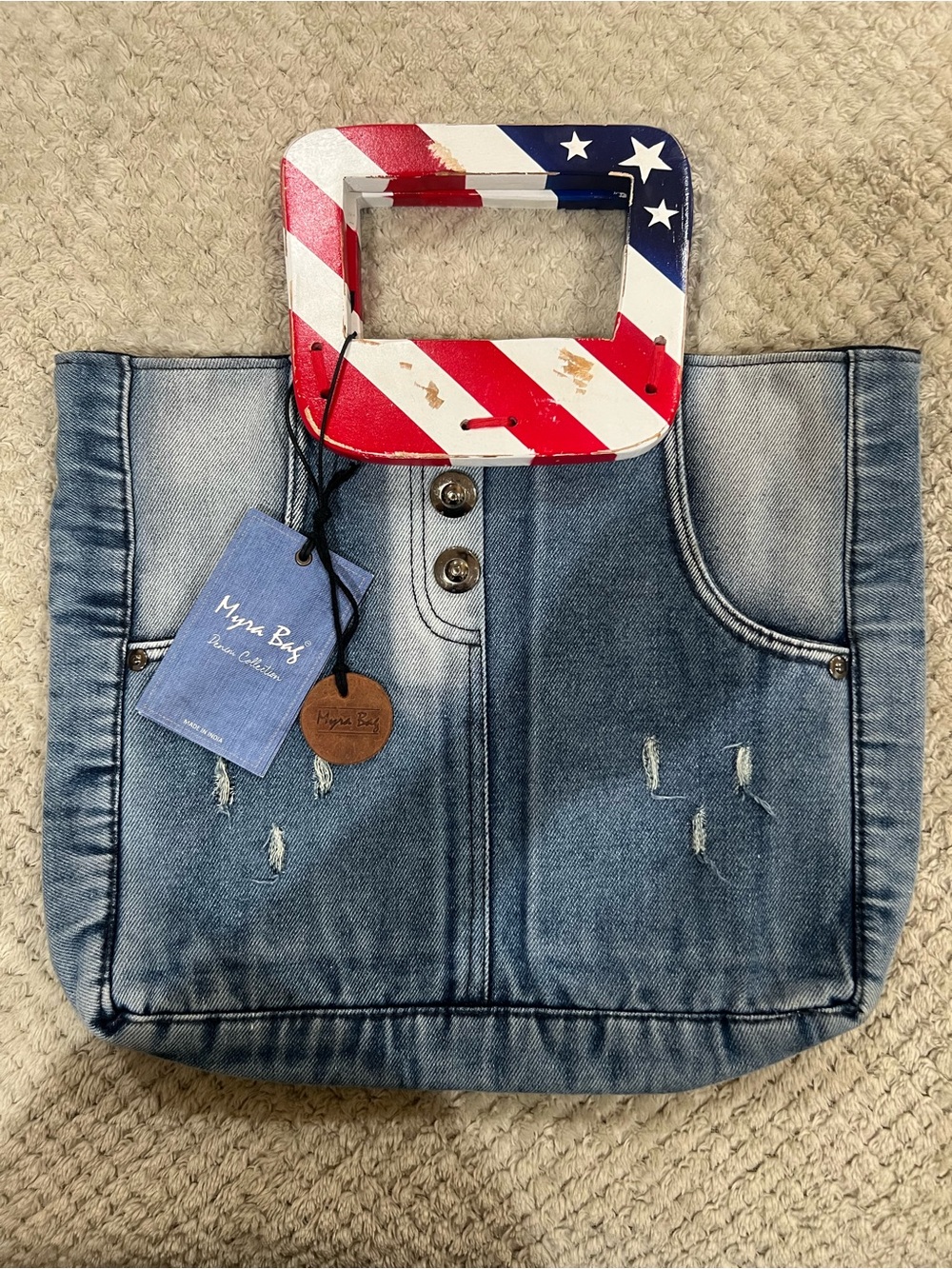Myra Denim Tote Bag with American Flag Handle